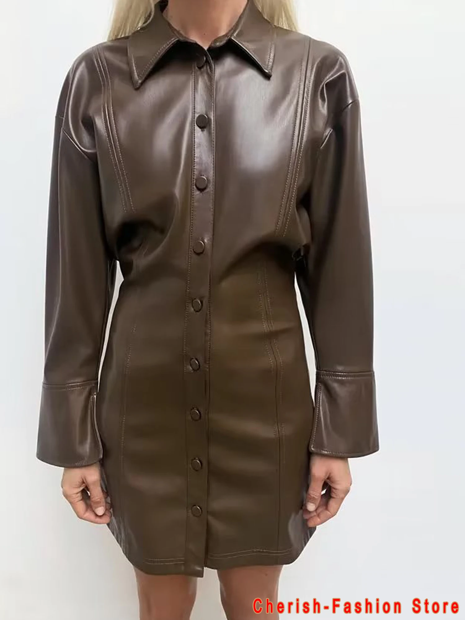 2023 Autumn Winter Women Loose POLO Collar Faux Leather Dress Brown Dress Single-breasted Long Sleeve Top Sexy Chic Brown Dress
2023 Autumn Winter Women Loose POLO Collar Faux Leather Dress Brown Dress Single-breasted Long Sleeve Top Sexy Chic Brown Dress