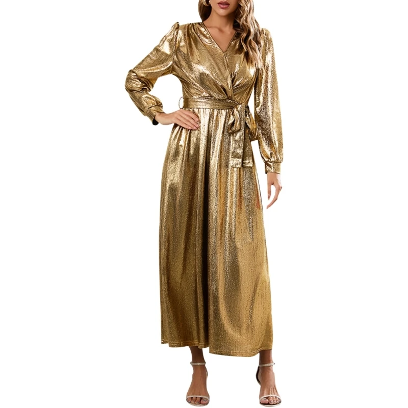 Wedding Puff Long Sleeve Metallic V-Neck Belted High Waist Maxi Dress for Women 10CD
Wedding Puff Long Sleeve Metallic V-Neck Belted High Waist Maxi Dress for Women 10CD