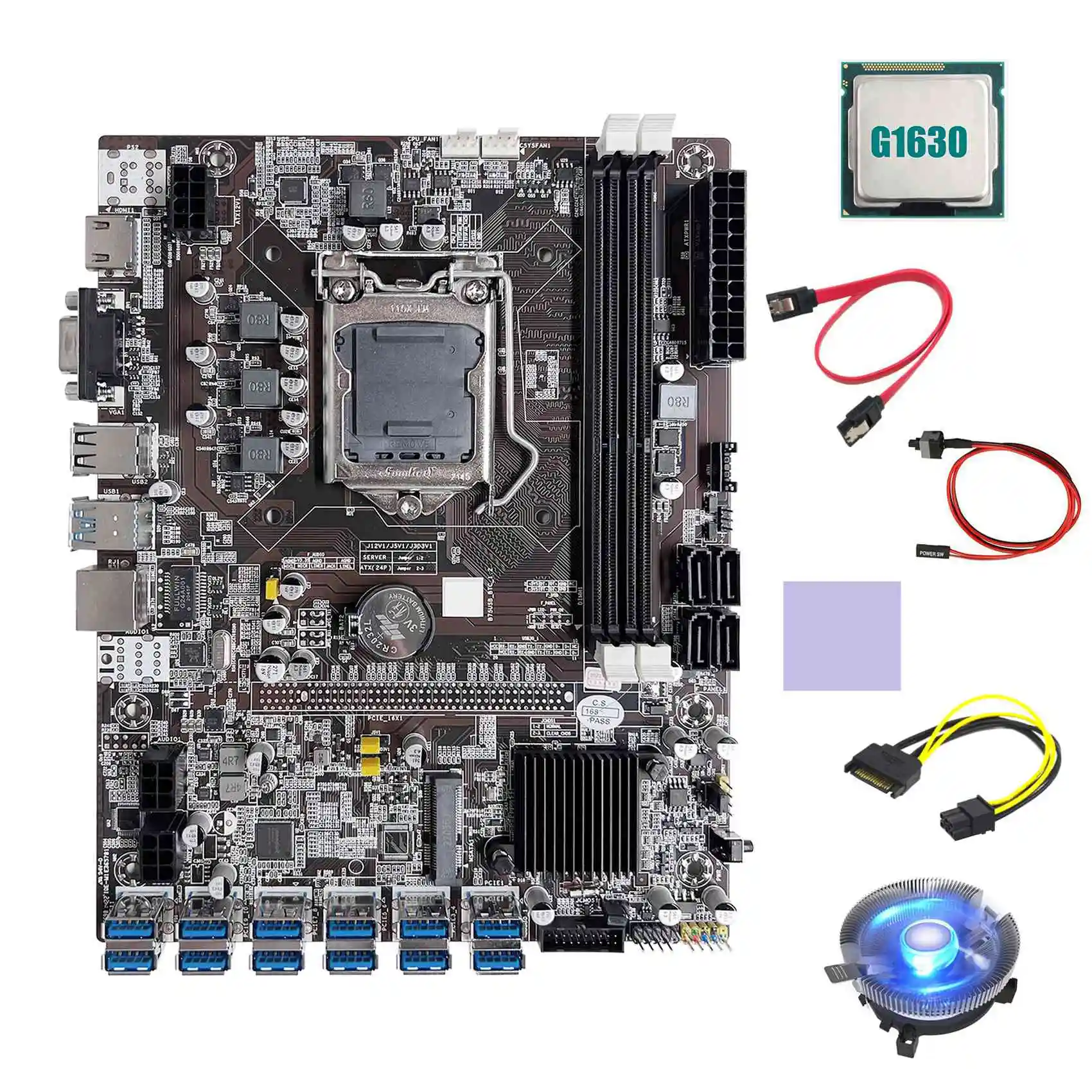 B75 BTC Miner Motherboard 12XUSB with G1630 CPU+Switch Cable+SATA Cable+SATA 15Pin to 6Pin Cable+Cooling Fan+Thermal Pad
B75 BTC Miner Motherboard 12XUSB with G1630 CPU+Switch Cable+SATA Cable+SATA 15Pin to 6Pin Cable+Cooling Fan+Thermal Pad