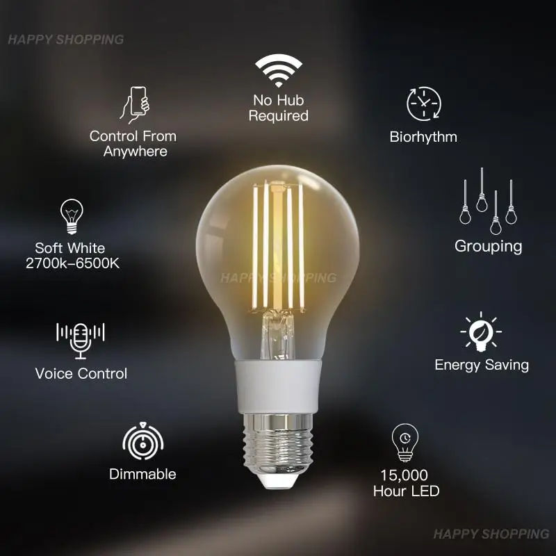 

WiFi Smart Filament Bulb LED Light Lamp E27 Dimmable Lighting 2700K-6500K 806Lm Tuya Alexa Google Voice Control 90-250V 7W