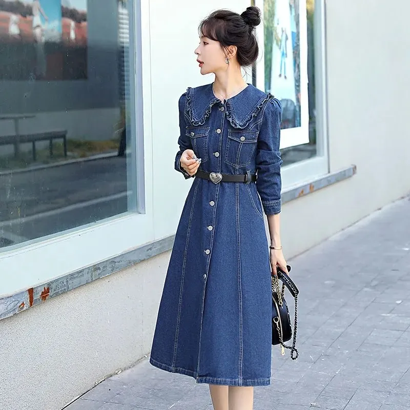 Ruffle Collar Women's Denim Dress 2022 New Spring Summer Single Breasted Love Belt Slim Jackets Temperament Dress Female Trend
Ruffle Collar Women's Denim Dress 2022 New Spring Summer Single Breasted Love Belt Slim Jackets Temperament Dress Female Trend
