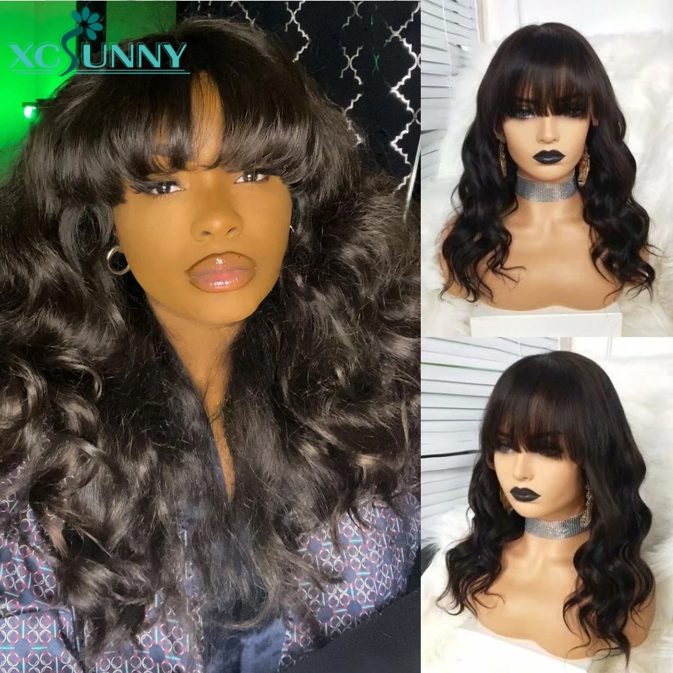 

Body Wave Wig With Bangs Wavy Human Hair Wig 200 Density Glueless Full Machine Made Scalp Top Bang Wig Remy Brazilian xcsunny