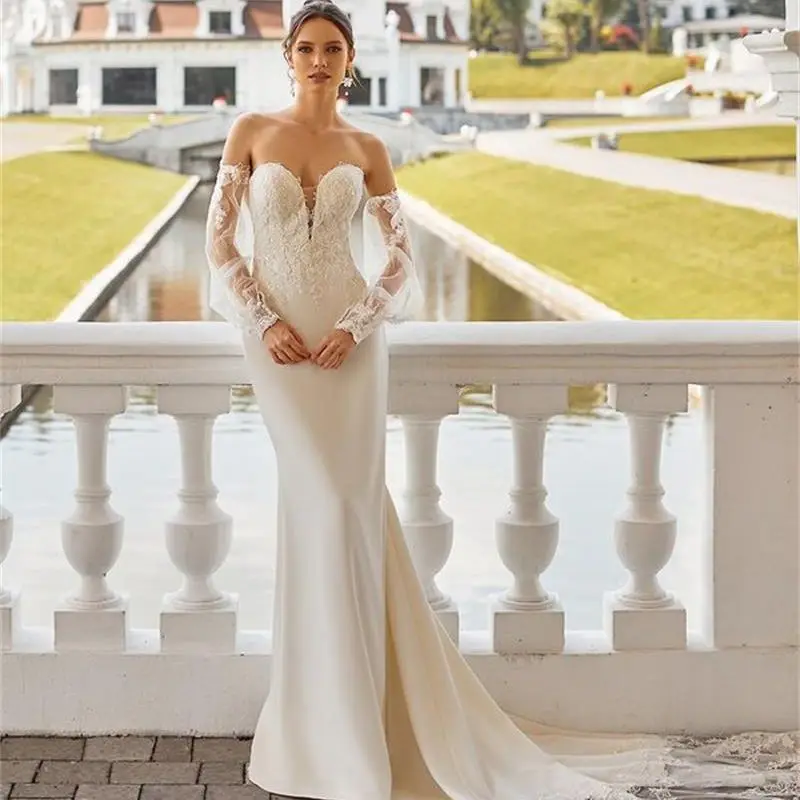 Elegant Mermaid Wedding Dress Lace Applique Sexy Off Shoulder V-Neck Bridal Gown Backless Detachable Sleeves Vestidos De Novia
Elegant Mermaid Wedding Dress Lace Applique Sexy Off Shoulder V-Neck Bridal Gown Backless Detachable Sleeves Vestidos De Novia
