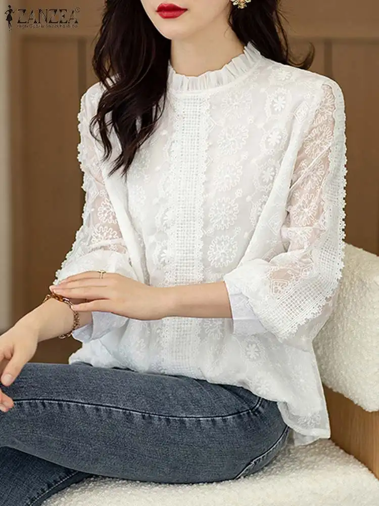 Women 2023 Summer Tunic ZANZEA Elagant Lace Insert Blouses Fashion Ruffle Collar Sheer White Shirts Long Sleeve See-through Tops
Women 2023 Summer Tunic ZANZEA Elagant Lace Insert Blouses Fashion Ruffle Collar Sheer White Shirts Long Sleeve See-through Tops