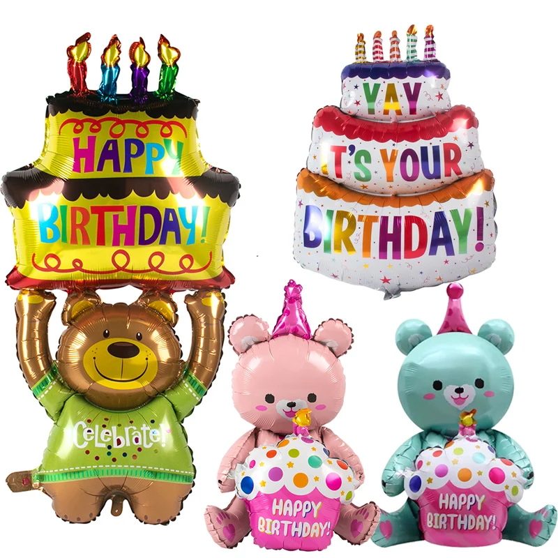 

Cartoon Bear Hugs Cake Aluminum Film Balloons Girls Kids Happy Birthday Party Balloon 4D Bear Foil Balloon Baby Shower Decor