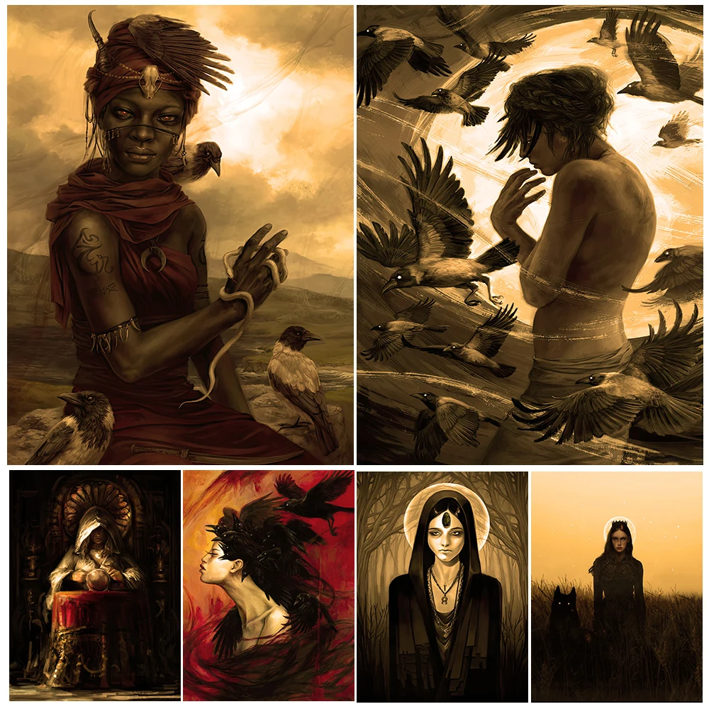 Witch Apprentice And The Protection Of Raven Retor Wall Art Canvas Painting Black Shaman And White Snake Art Poster Print Decor 
Witch Apprentice And The Protection Of Raven Retor Wall Art Canvas Painting Black Shaman And White Snake Art Poster Print Decor