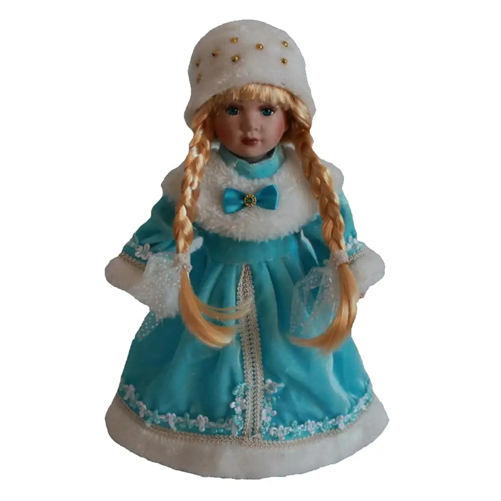 

Porcelain Doll 12'' Standing With Blue Dress/Display Stand