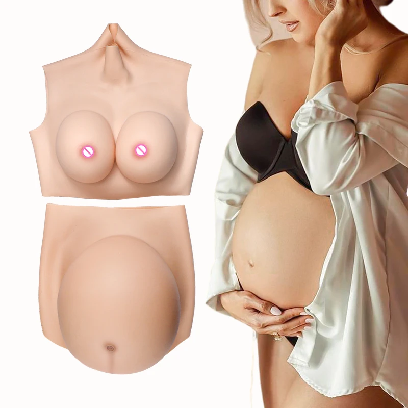 

Silicone Artificial Twins Fake Pregnant Belly M Size With Breast Form Big Female Boobs Combo Tits Set For Crossdressing Cospaly