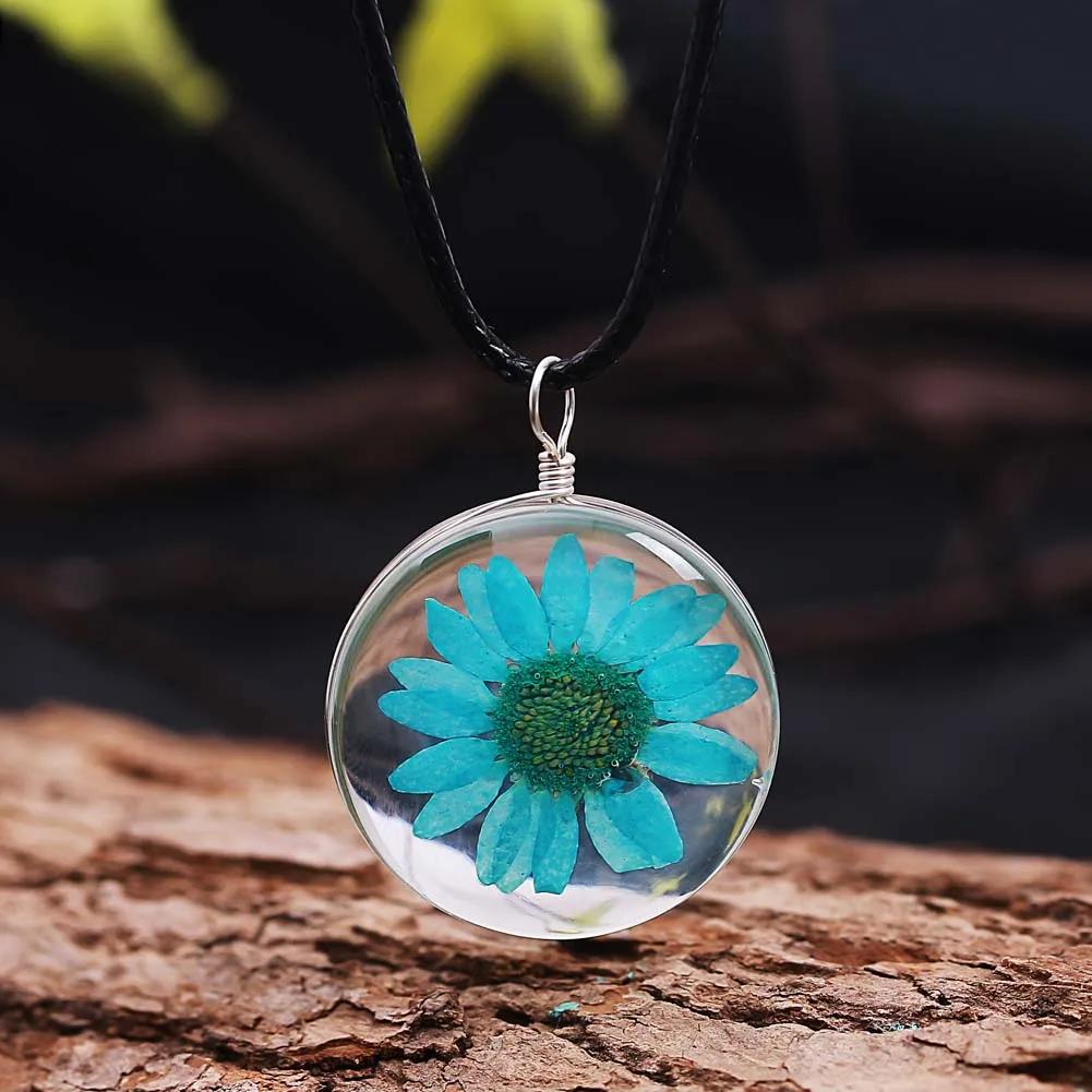 Женское ожерелье с подвеской в виде натурального сушеного цветка из прозрачного