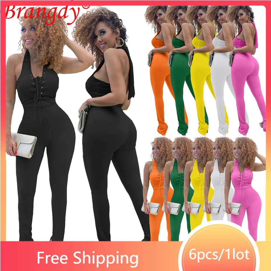

6pcs Wholesale Items for Business Halter V-neck Y2k Jumpsuit Women Sleeveless Cross Bind Rompers Fashion Backless Overall B9413