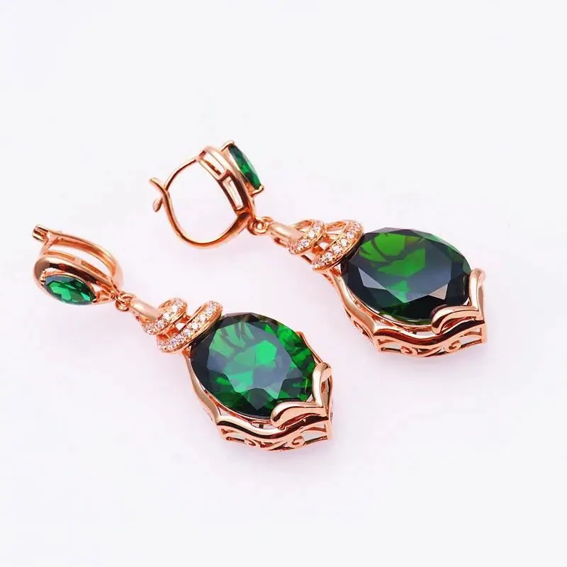 

585 purple gold ear buckle plated 14K rose gold fashion luxury inlaid emerald earrings for women exquisite wedding jewelry gift