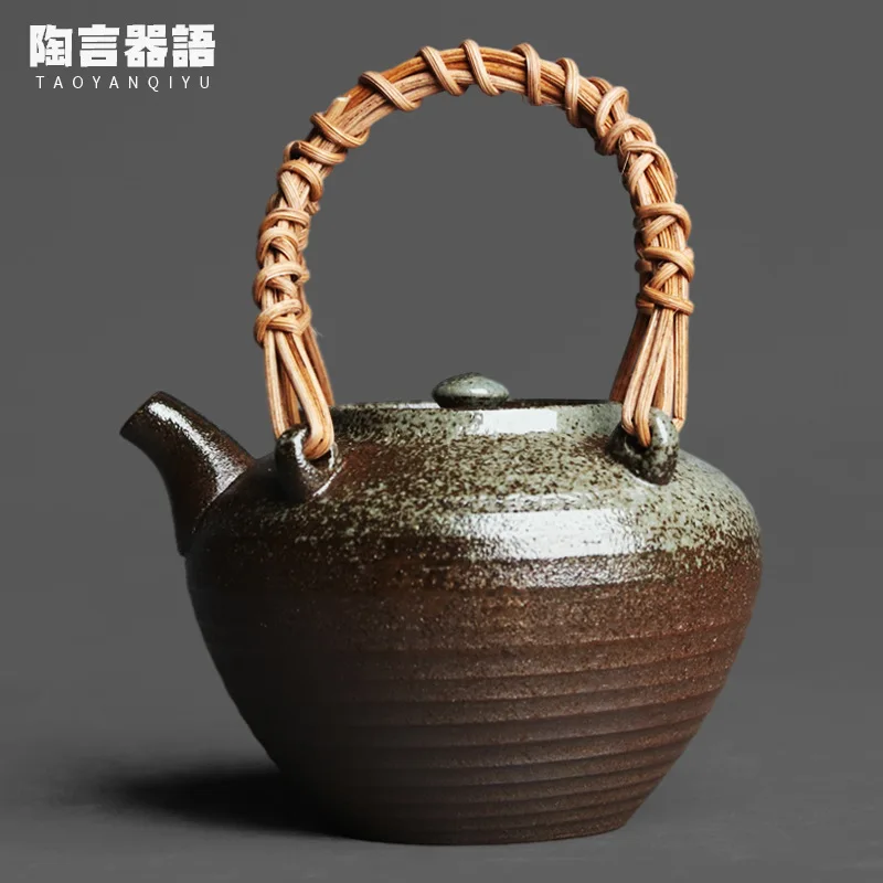 

Rock mine pottery clay fire mark glaze square teapot ring handle handmade bamboo and rattan weaving craft Zen tea maker single p