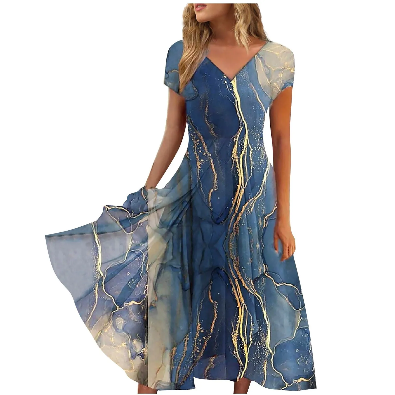 

Women's Casual Printed V-Neck Zip Short Sleeve Paneled Large Long Dress Elegant dresses for women платье женское vestido new