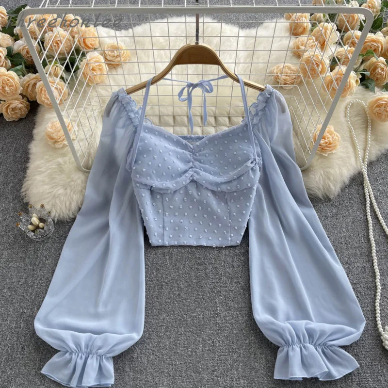 Polka Dot Pleated Long-sleeved Chiffon Shirt Summer V-neck Lace-up Elastic Waist Fashion Elegant Beach Top Women's Clothing 
Polka Dot Pleated Long-sleeved Chiffon Shirt Summer V-neck Lace-up Elastic Waist Fashion Elegant Beach Top Women's Clothing