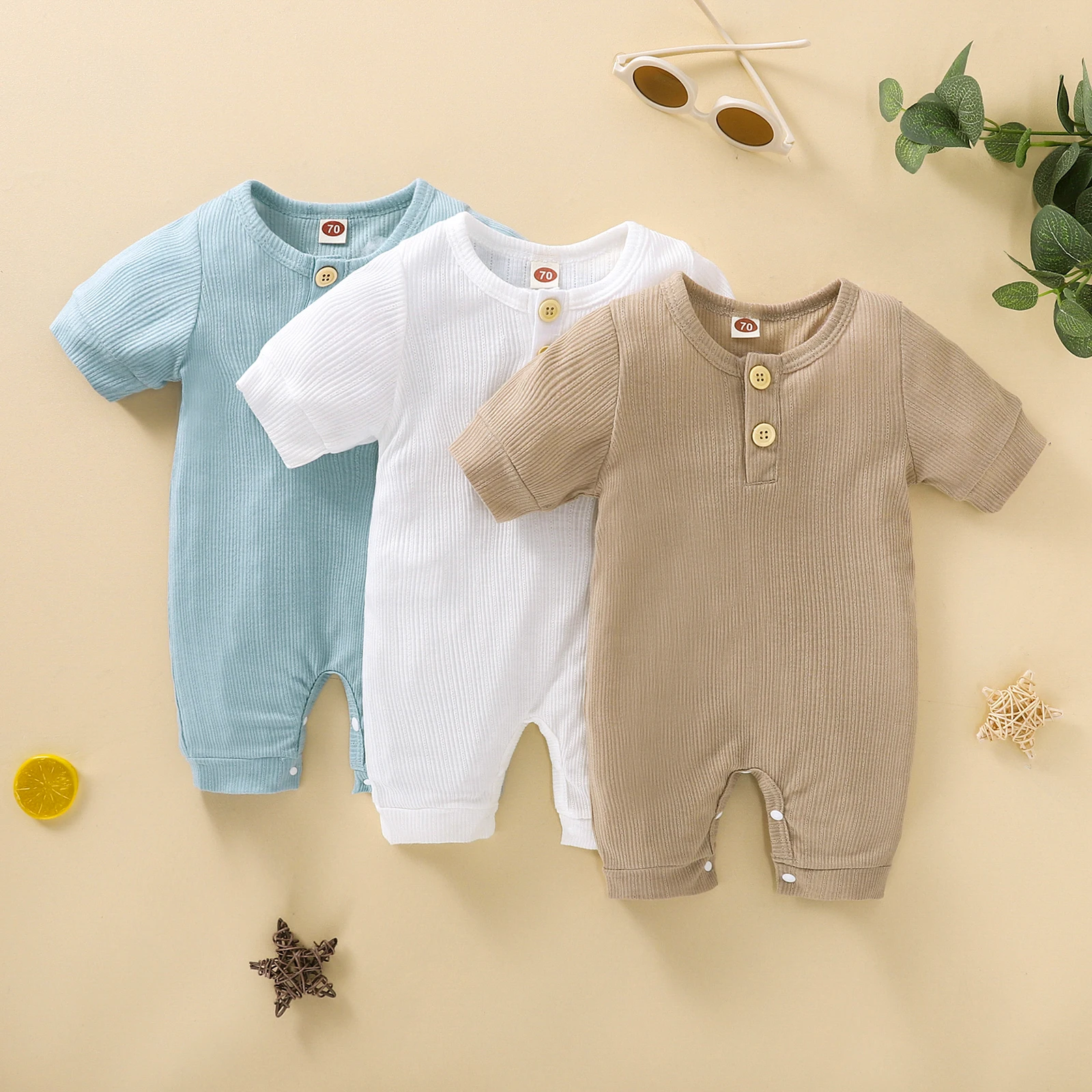 

0-24 Months Baby Romper Casual Solid Color Round Neck Long Sleeve Snap Crotch Infant Boy Girl Jumpsuit Summer Sunsuit