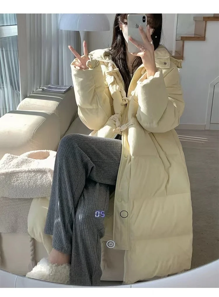 

Женский пуховик средней длины, утепленное пальто с капюшоном и воротником из белого утиного пуха, в Корейском стиле, с пуговицами в форме бульрога, 2023