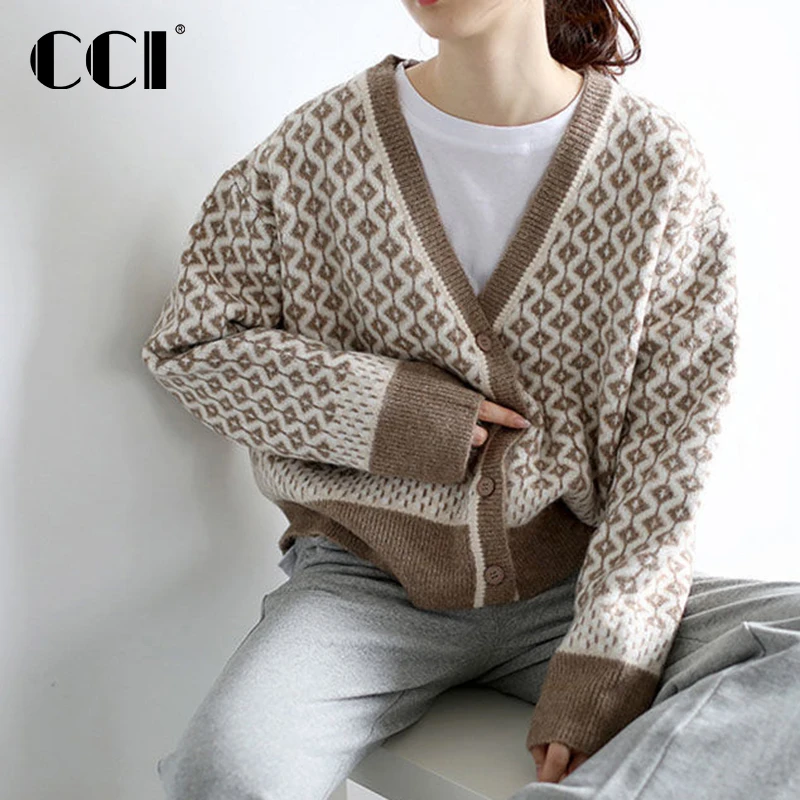 CCI Women's Sweaters Coat V-neck 2022 Autumn Winter Plaid Pattern Long Sleeve Loose Knitted Female Cardigans Streetwear WQ019S
CCI Women's Sweaters Coat V-neck 2022 Autumn Winter Plaid Pattern Long Sleeve Loose Knitted Female Cardigans Streetwear WQ019S