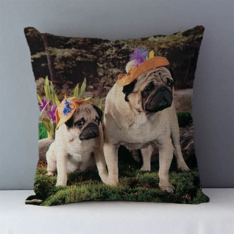 

Cushion Cover 45*45cm Home Decorative Pillowcase Throw Pillow Covers For Sofa Bed Seat Back Cushions Flax Linen Pug Dogs Printed