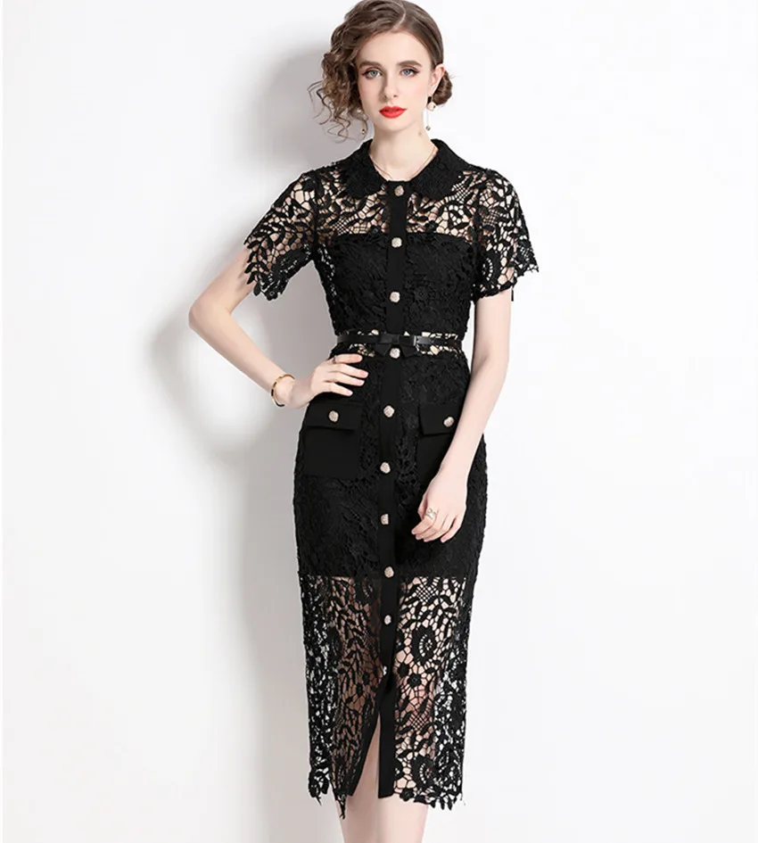 

Женское однобортное платье миди, дизайнерское винтажное черное платье с водорастворимым кружевом и кукольным воротником, ажурное облегающее платье с поясом, лето