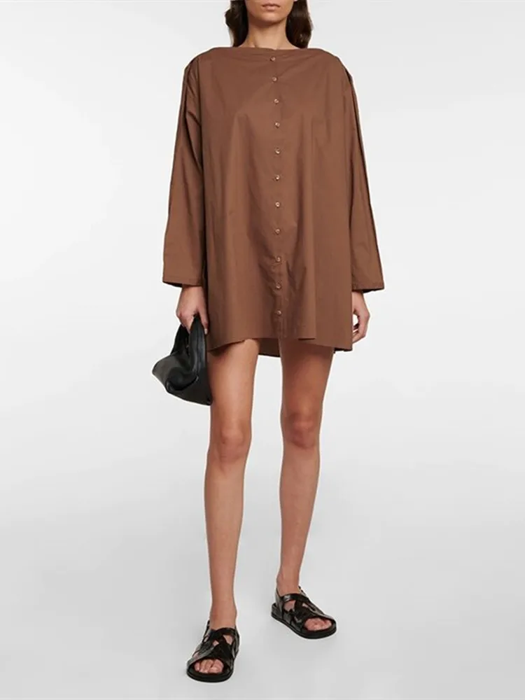 

Новинка 2022, женское коричневое мини-платье с воротником-лодочкой, женское однобортное прямое свободное короткое платье-рубашка с длинными ...