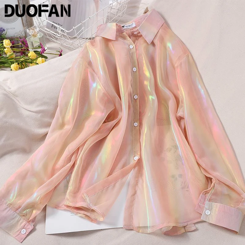 Фото Женская атласная блузка DUOFAN с длинным рукавом блестками и завязками на спине -