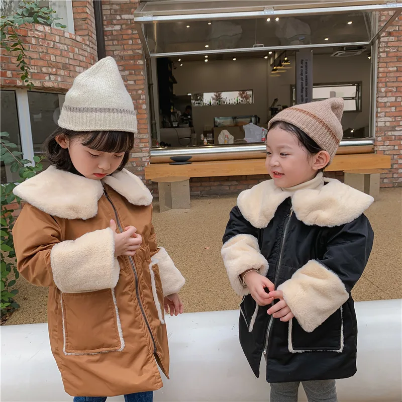 

Girls Fur Coat Jacket Cotton Outwear Overcoat 2022 Splicing Warm Thicken Plus Velvet Winter Autumn School Gift Children's Clothi