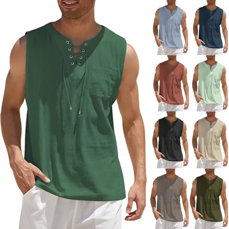 2023 3XL Summer Solid Fashion Sleeveless Lace-up Casual Linen Shirts Men Tops Vintage T Shirt Men Clothing Tshirt Plus Size 4XL
2023 3XL Summer Solid Fashion Sleeveless Lace-up Casual Linen Shirts Men Tops Vintage T Shirt Men Clothing Tshirt Plus Size 4XL