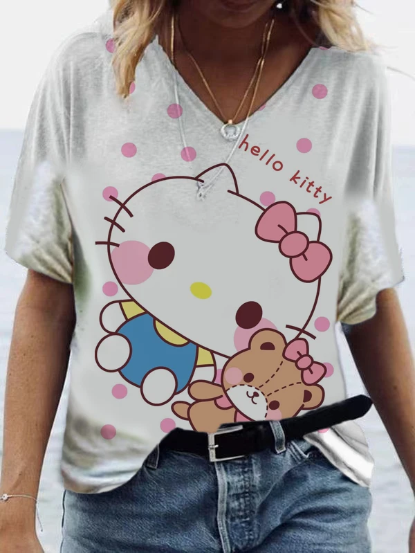Женская футболка с рисунком Hello Kitty, летняя свободная футболка с коротким рукавом и V-образным вырезом, топ с графическим принтом, 2022
Женская футболка с рисунком Hello Kitty, летняя свободная футболка с коротким рукавом и V-образным вырезом, топ с графическим принтом, 2022