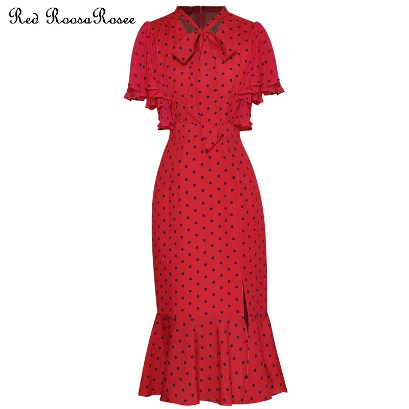Red RoosaRosee Sexy Mermaid Split Dress Polk Dot Print Flutter Sleeves Hoiday Female Designer 2022 Party Vestidos Robe Femme 
Red RoosaRosee Sexy Mermaid Split Dress Polk Dot Print Flutter Sleeves Hoiday Female Designer 2022 Party Vestidos Robe Femme