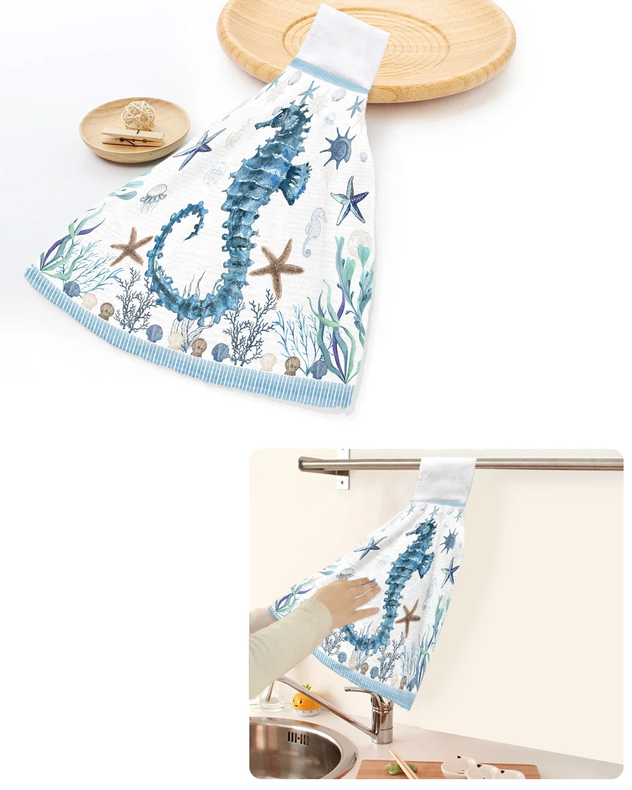 

Mediterranean Style Ocean Starfish Seahorse Stripes Hand Towels Kitchen Bathroom Hanging Dishcloths Absorbent Custom Wipe Towel