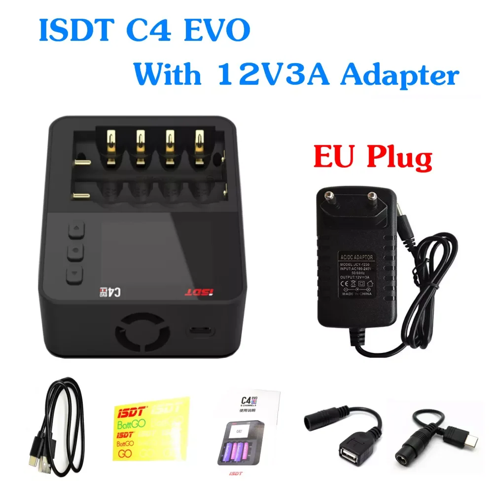 

ISDT C4 EVO Smart Battery Charger with Type-C QC3.0 Output for AA AAA Li-ion Battery with IPS Display Screen and Fire Prevention