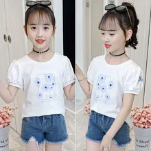 2023 Korea Summer Junior Girl T-Shirt Children O-Neck Short Sleeved Top Elementary Girl Kids Clothes Teen Girl Tops Kids Clothes