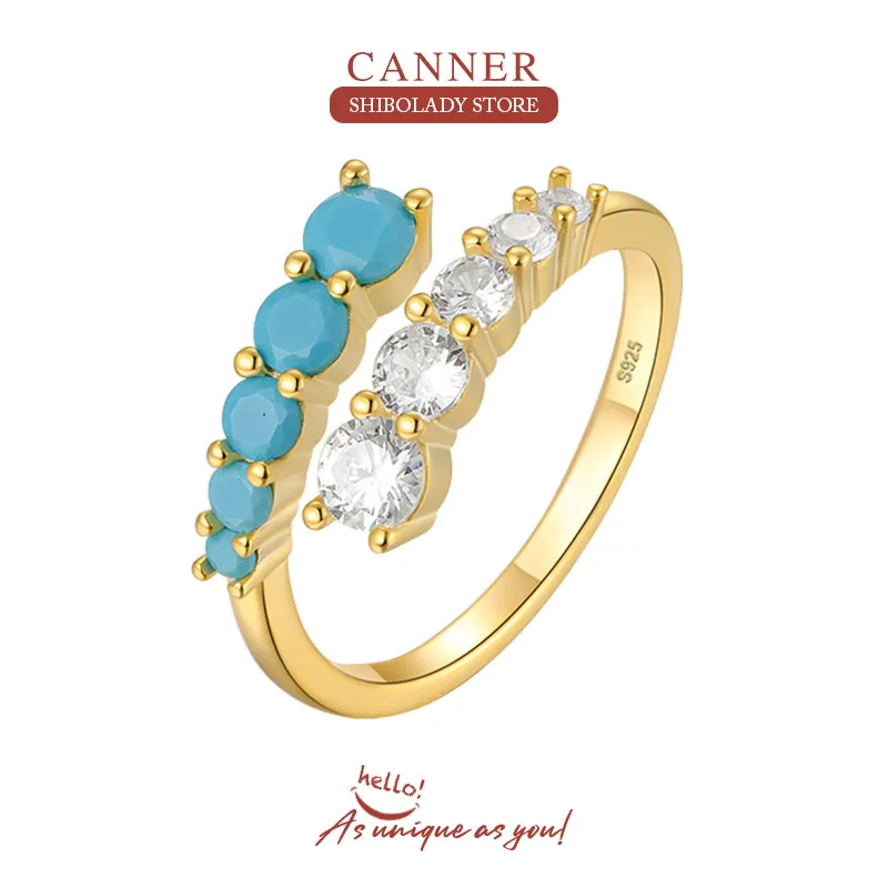 

CANNER Blue Turquoise 925 Sterling Silver Rings For Women Zirconia Crystal Fine Jewelry 18K Gold Wedding Party Anillos Mujer