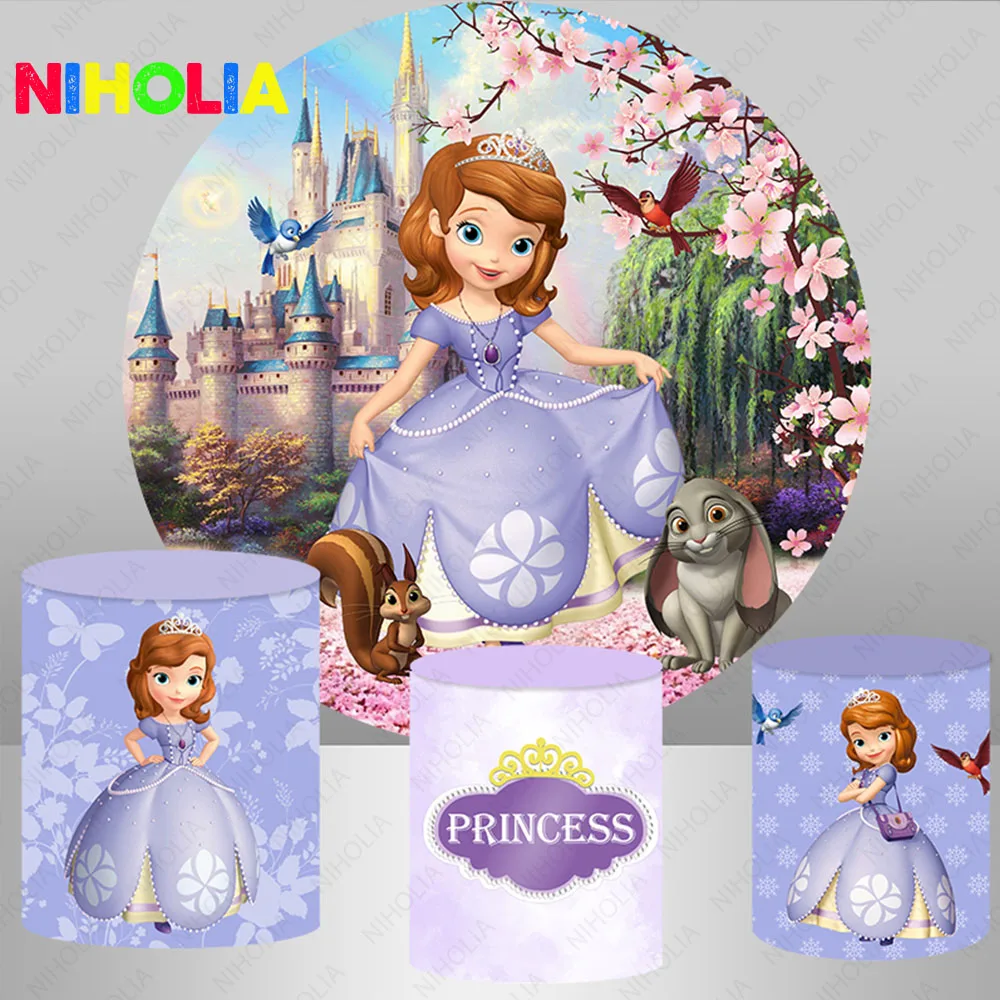 

Disney Princess Sofia Round Backdrop Cover Girls Birthday Party Flowers Bird Decoration Purple Photography Background Props