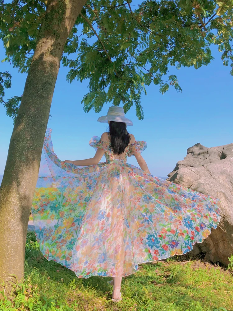 Women Summer Fairy Skirt French First Love Bubble Sleeve Sweet Gauze Strap Beach Skirt Floral Design Elegant Midi Dresses Beach 
Women Summer Fairy Skirt French First Love Bubble Sleeve Sweet Gauze Strap Beach Skirt Floral Design Elegant Midi Dresses Beach