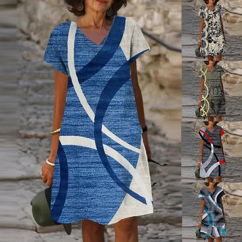 2022 Spring/Summer V-Neck Casual Ladies Dress Women's Fashion Shift Dress Short Sleeve Geometric 3D Print Knee Length Dress
2022 Spring/Summer V-Neck Casual Ladies Dress Women's Fashion Shift Dress Short Sleeve Geometric 3D Print Knee Length Dress