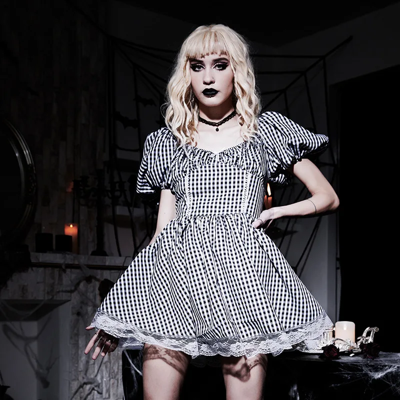 Women Gothic Puffed Short Sleeve Vintage Plaid Print Mini Dress Sexy V-neck Bowknot Pleated A Line Lace Patchwork Sundress
Women Gothic Puffed Short Sleeve Vintage Plaid Print Mini Dress Sexy V-neck Bowknot Pleated A Line Lace Patchwork Sundress