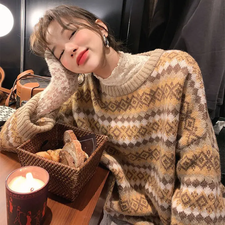 2022 Pullover Sweater Women's Autumn and Winter New Loose Outerwear Top Geometric Pattern Brown Soft Comfortable Knitted Sweater
2022 Pullover Sweater Women's Autumn and Winter New Loose Outerwear Top Geometric Pattern Brown Soft Comfortable Knitted Sweater