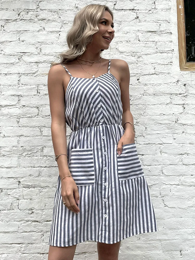 Женское платье в полоску, с карманами, однобортная мини-блузка в стиле Харадзюку, винтажная одежда, лето 2022 
Женское платье в полоску, с карманами, однобортная мини-блузка в стиле Харадзюку, винтажная одежда, лето 2022