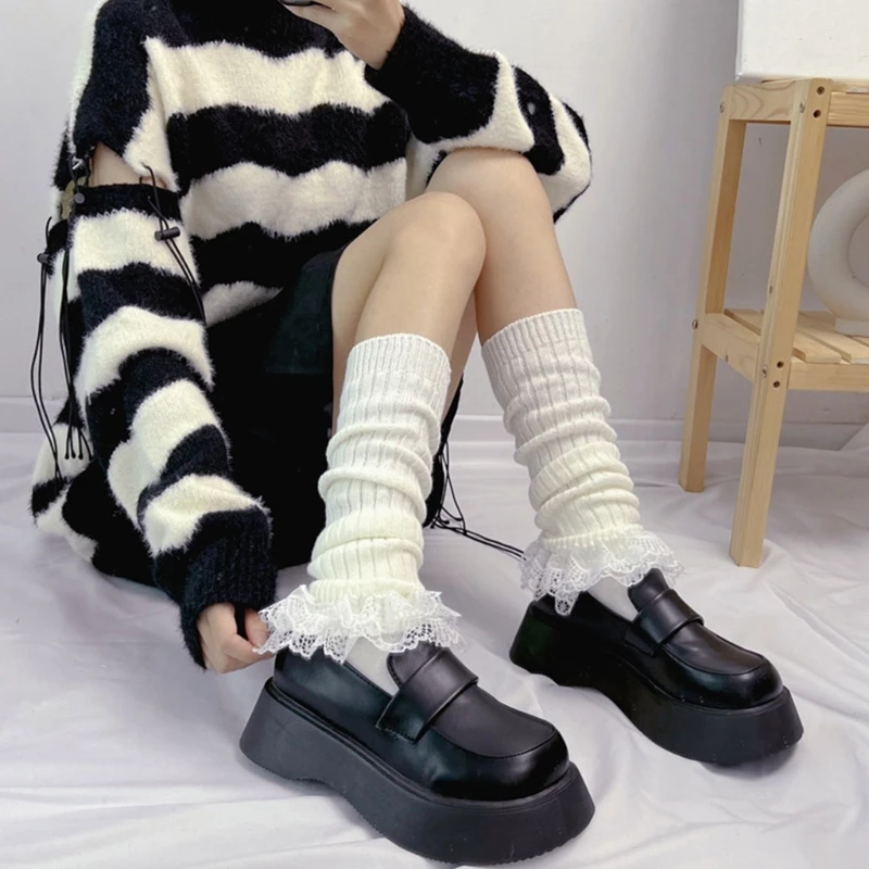 

Leg Winter Fall Socks Tube Cute Long Foot Ribbed 22 Dropshipping Ruffled Hem Calf Middle Warmers Knitted Covers Lace Tiered