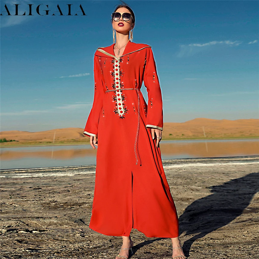 

Aligaia Red Hand Sewn Diamond Hooded Arabian Orange Muslim Slit Abaya Loose Dubai Moroccan Caftan Holiday Traval Women's Dress