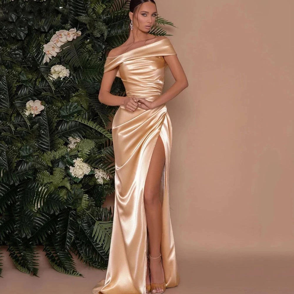 2022 Party Dress Champagne Off the Shoulder Satin Evening Gown Women Celebrity Side Split Backless Prom Gowns Robes De Soirée
2022 Party Dress Champagne Off the Shoulder Satin Evening Gown Women Celebrity Side Split Backless Prom Gowns Robes De Soirée