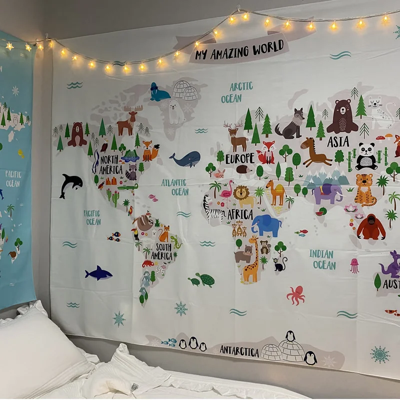

Animal World Map Tapestry Wall Hanging Kids Map Fabric Cartoon Hippie Tapiz Cute European Style Kids Bedroom Kawaii Room Decor
