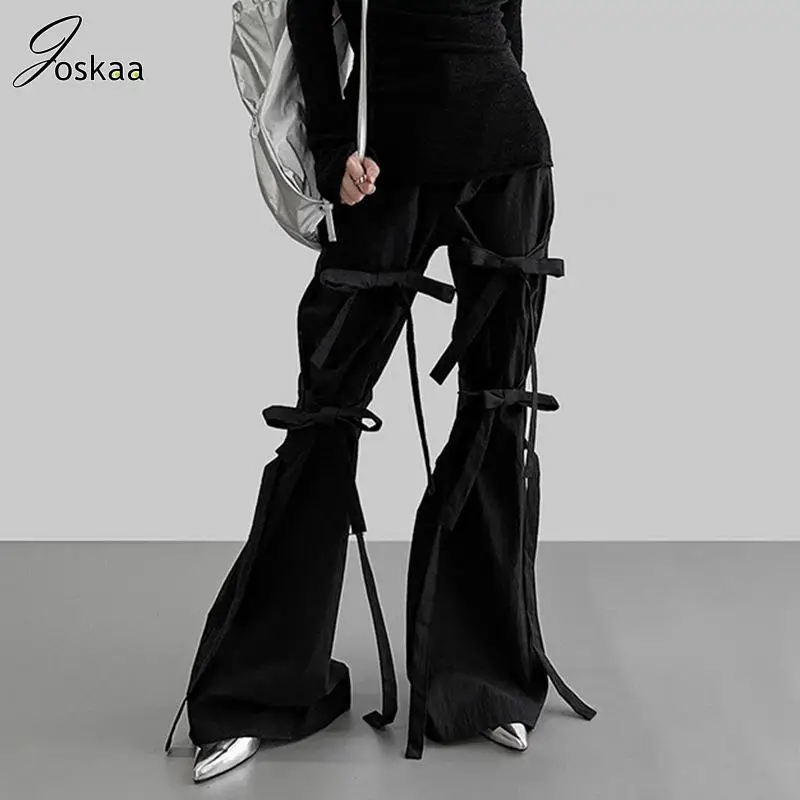 

Joskaa Fashion Bowknot Bandage Black Flare Pants Women Autumn 2023 Casual Streetwear Hipster Low Waisted Zipper Up Trousers