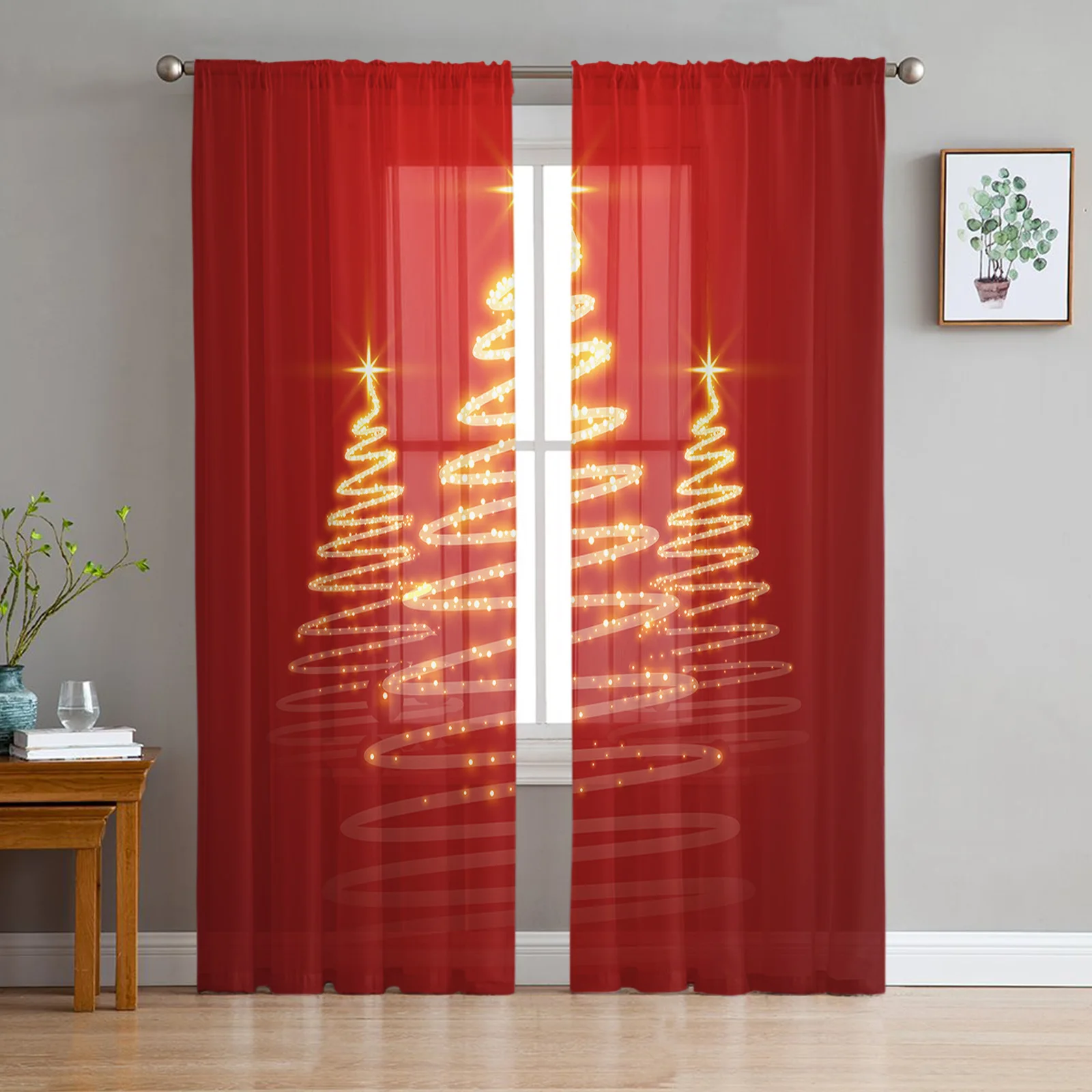 

Тюль с рождественской елкой, красные золотые тюлевые шторы для гостиной, спальни, украшение, шифоновая прозрачная вуаль, шторы на окна кухни, занавески