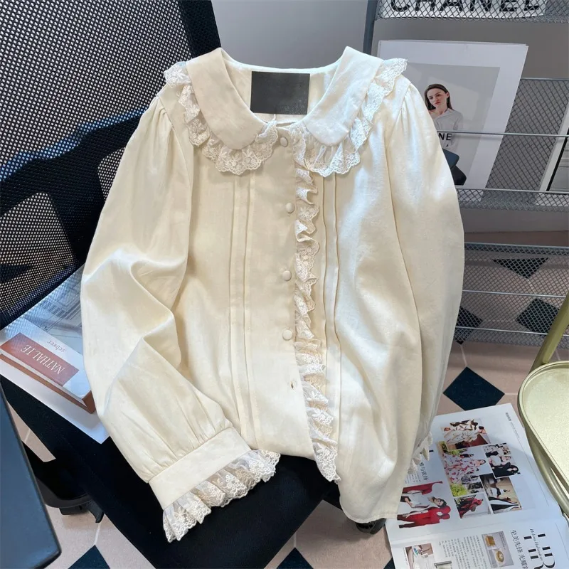 Japanese Cute Peter Pan Collar Shirts Long Lace Sleeve Blouse 2023 Spring Autumn Women Loose All-match Single Breasted Blusas
Japanese Cute Peter Pan Collar Shirts Long Lace Sleeve Blouse 2023 Spring Autumn Women Loose All-match Single Breasted Blusas