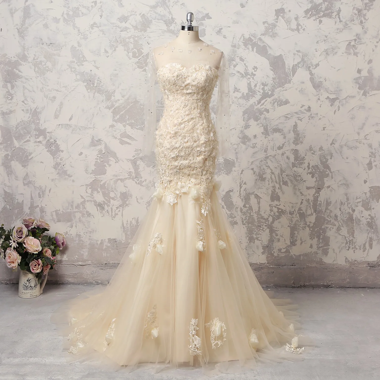 Charming Champage Mermaid Prom Dresses Long Sleeves Long Length Flower Lace Beaded Women Evening Dressing Gowns Real Image
Charming Champage Mermaid Prom Dresses Long Sleeves Long Length Flower Lace Beaded Women Evening Dressing Gowns Real Image