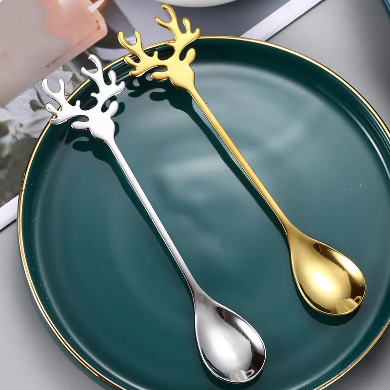 

Creative Spoon Antlers Shape Stainless Steel Coffee Spoon Dessert Spoon Ice Christmas Antlers Tea Tiny Stirring Spoons