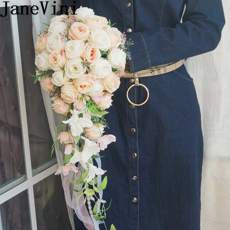 

Романтический цветочный букет невесты «Водопад», букет невесты из розовых и белых роз, искусственный жемчуг Novio 2019