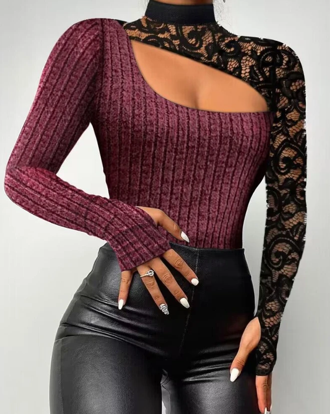 

Women's Tops 2023 New Autumn Lace Patch Cutout Mock Neck Top Sexy Hollow Slim Semi-Sheer Long Sleeve T-Shirt Skinny Tops